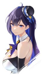 Rule 34 | 1girl, ahoge, ascot, bare shoulders, black hair, black hat, blue eyes, blue hair, breasts, closed mouth, colored inner hair, commentary request, hat, highres, kson, large breasts, long hair, looking at viewer, mini hat, mole, mole under eye, multicolored hair, purple ascot, solo, two-tone hair, upper body, virtual youtuber, vshojo, yuyaiyaui