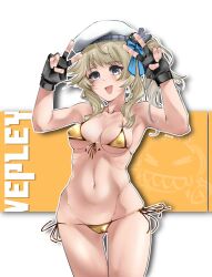 Rule 34 | 1girl, absurdres, artist name, beret, bikini, blue eyes, blue ribbon, breasts, cameltoe, character name, cleft of venus, collarbone, commentary, covered erect nipples, cowboy shot, double v, english commentary, fingerless gloves, girls&#039; frontline, girls&#039; frontline 2: exilium, gloves, gold bikini, hair ribbon, hat, highres, looking at viewer, medium breasts, medium hair, micro bikini, navel, nym+ (nymplus), open mouth, ribbon, side-tie bikini bottom, side ponytail, sidelocks, simple background, smile, solo, stomach, straight-on, swimsuit, two-tone background, v, vepley (girls&#039; frontline 2), white background, white hat, yellow background