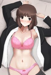 Rule 34 | 1girl, absurdres, amagami, armpits, arms up, black jacket, black sailor collar, black skirt, blazer, blush, bob cut, bow, bow bra, bow panties, bra, breasts, brown eyes, brown hair, closed mouth, clothes pull, collarbone, collared shirt, commentary, curled fingers, dress shirt, embarrassed, gyuunyuu pack (tanaka), highres, jacket, kibito high school uniform, lace, lace bra, lace panties, looking at viewer, looking up, loose hair strand, lying, medium breasts, navel, nose blush, on back, open clothes, open jacket, open shirt, panties, partially colored, pillow, pink bow, pink bra, pink panties, pleated skirt, sailor collar, school uniform, shirt, short hair, skirt, skirt pull, smile, solo, tanaka keiko (amagami), underwear, white shirt