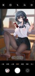 Rule 34 | 1girl, absurdres, ahoge, azur lane, bikini, black bow, black hair, black skirt, bottle, bow, breasts, brown pantyhose, collared shirt, desk, fake phone screenshot, fake screenshot, feet, foot out of frame, glass bottle, highres, holding, holding bottle, huge ahoge, large breasts, long hair, long sleeves, looking at viewer, miniskirt, nail polish, official alternate costume, on desk, pantyhose, partially unbuttoned, pleated skirt, red eyes, red nails, school uniform, shirt, shirt tucked in, skirt, solo, swimsuit, taihou (azur lane), taihou (seaside daydreams) (azur lane), taihou (sweet time after school) (azur lane), taking picture, toes, v, white bikini, white shirt, zhanggong