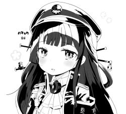 Rule 34 | 1girl, armband, ascot, blush, child, copyright request, greyscale, hachiroku (maitetsu), hair ornament, hair stick, hat, jacket, kereno, long hair, looking at viewer, maitetsu, monochrome, parted lips, peaked cap, portrait, solo, translation request