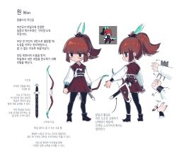 Rule 34 | 1girl, back, bow (weapon), brown hair, korean text, multiple views, original, pixel art, short hair, standing, sword, weapon