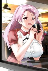 Rule 34 | 1girl, breasts, cafe, clothing cutout, coffee cup, cup, disposable cup, highres, holding, holding cup, indoors, kanmiya shinobu, kantai collection, large breasts, long hair, looking at viewer, luigi di savoia duca degli abruzzi (kancolle), multicolored hair, pink eyes, pink hair, red hair, red skirt, short sleeves, sitting, skirt, solo, steam, two-tone hair, window