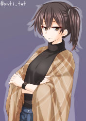 Rule 34 | 10s, 1girl, alternate costume, anti (untea9), black hair, black shirt, black sweater, brown eyes, casual, cowboy shot, crossed arms, denim, frown, grey background, hair ornament, hairband, highres, jeans, kaga (kancolle), kantai collection, looking at viewer, pants, shirt, short hair, side ponytail, simple background, solo, sweater, turtleneck, twitter username