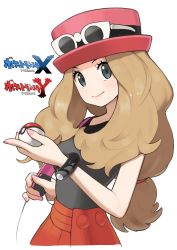 Rule 34 | 1girl, black eyes, black shirt, blonde hair, blue eyes, breasts, closed mouth, copyright name, creatures (company), eyewear on headwear, game freak, hat, highres, holding, holding poke ball, holding strap, light blush, lips, long hair, looking at viewer, low-tied long hair, nail polish, nintendo, omaru gyuunyuu, pink nails, poke ball, poke ball (basic), pokemon, pokemon xy, red hat, red skirt, serena (pokemon), shirt, short sleeves, simple background, skirt, smile, solo, upper body, very long hair, white background