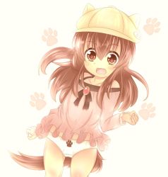 Rule 34 | 1girl, akatsuki no guuru, animal ears, arms at sides, blush, brown eyes, brown hair, child, clothes lift, dress, dress lift, hair between eyes, hat, hat with ears, highres, imaizumi kagerou, kindergarten, kindergarten uniform, long hair, looking at viewer, open mouth, panties, paw print, print panties, school hat, short dress, solo, tail, touhou, underwear, white dress, wolf ears, wolf tail, aged down