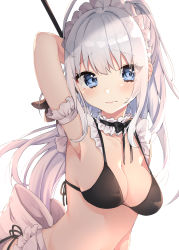 Rule 34 | 1girl, abe suke, absurdres, ahoge, apron, arm behind head, arm up, bare shoulders, bikini, black bikini, blue eyes, blush, breasts, cleavage, closed mouth, commentary request, frilled apron, frills, hair between eyes, high ponytail, highres, long hair, maid, maid headdress, medium breasts, navel, original, ponytail, side-tie bikini bottom, silver hair, simple background, solo, sweat, swimsuit, very long hair, waist apron, white apron, white background