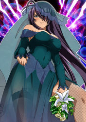 Rule 34 | 1girl, alternate costume, black dress, black sleeves, blush, bouquet, closed mouth, detached sleeves, dress, embarrassed, fishnet thighhighs, fishnets, flower, frown, garter straps, grey eyes, hair over one eye, holding, holding bouquet, ikkitousen, kan&#039;u unchou, long hair, long sleeves, off-shoulder dress, off shoulder, purple hair, solo, thighhighs, veil, very long hair, white flower