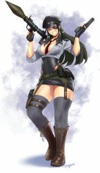 Rule 34 | 1girl, absurdres, alternate costume, anagumasan, black gloves, black hair, boots, breasts, brown necktie, cross-laced footwear, eyepatch, fingerless gloves, full body, gloves, grin, gun, han juri, handgun, hat, highres, holding, holding gun, holding weapon, holster, lace-up boots, long hair, looking at viewer, medium breasts, necktie, peaked cap, red eyes, ribbed legwear, rocket launcher, skin tight, smile, solo, standing, street fighter, street fighter iv (series), thigh holster, thighhighs, weapon