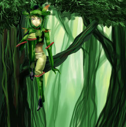 Rule 34 | 1girl, androgynous, boots, creatures (company), elbow gloves, en (pixiv 2028674), forest, game freak, gen 5 pokemon, gloves, green footwear, green hair, green hat, green theme, hat, hat feather, in tree, legendary pokemon, midriff, nature, nintendo, personification, pokemon, red eyes, sitting, sitting in tree, solo, tree, virizion