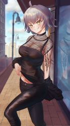 Rule 34 | 1girl, absurdres, ahoge, bad id, bad pixiv id, black pants, black shirt, blurry, blurry background, casual, clothes lift, day, fate/grand order, fate (series), fishnets, gi gi gi, grin, highres, jeanne d&#039;arc (fate), jeanne d&#039;arc alter (avenger) (fate), jeanne d&#039;arc alter (fate), lifted by self, looking at viewer, midriff, navel, outdoors, pants, shiny clothes, shirt, shirt lift, short hair, silver hair, sleeveless, sleeveless shirt, smile, solo, standing, stomach, tattoo, v-shaped eyebrows, yellow eyes