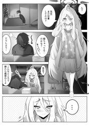 Rule 34 | 1boy, 1girl, 4koma, absurdres, ahoge, blue archive, blush, closed mouth, comic, commentary request, computer, demon horns, demon wings, greyscale, halo, highres, hina (blue archive), hina (pajamas) (blue archive), horns, indoors, jacket, kotatsu, laptop, long hair, looking at another, monochrome, official alternate costume, open clothes, open jacket, pajamas, plant, polka dot, polka dot pajamas, potted plant, sensei (blue archive), sleeping, speech bubble, table, translation request, urabesunahito, very long hair, wings