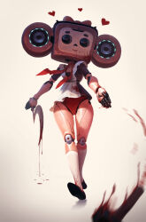 Rule 34 | 1girl, alexander terentyev, android, apron, blood, blood on clothes, bow, cheburashka, disembodied hand, full body, gena the crocodile and his friends, hair bow, heart, highres, holding sickle, joints, mask, neckerchief, original, panties, red bow, red neckerchief, red panties, robot joints, simple background, socks, solo, underwear, white apron, white background, white socks