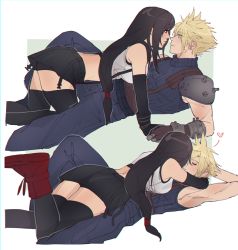 Rule 34 | 1boy, 1girl, armor, bare shoulders, black hair, black skirt, black thighhighs, blonde hair, blue eyes, breasts, cloud strife, commentary, couple, crop top, cuddling, detached sleeves, english commentary, final fantasy, final fantasy vii, final fantasy vii remake, girl on top, gloves, hug, large breasts, long hair, looking at another, low-tied long hair, lying, on back, pudelmudel, red eyes, red footwear, short shorts, shorts, shoulder armor, skirt, sleeveless, sleeveless turtleneck, smile, spiked hair, square enix, suspender skirt, suspenders, sweater, tank top, thighhighs, thighs, tifa lockhart, turtleneck, turtleneck sweater, white tank top, zettai ryouiki
