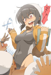 Rule 34 | 1girl, 2boys, black hair, blush, breasts, clipboard, competition swimsuit, covered erect nipples, hair between eyes, highres, jacket, mechanical pencil, medium breasts, multiple boys, one-piece swimsuit, open mouth, original, pencil, plus step, red eyes, short hair, sweatdrop, swim cap, swimsuit, track jacket