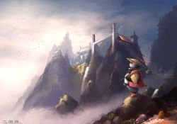 Rule 34 | 1boy, absurdres, architecture, bird, castle, cloud, east asian architecture, gourd, hat, highres, landscape, mountain, no humans, panda, pandaren, scenery, sky, solo, standing, tlrose, warcraft, water, waterfall, world of warcraft