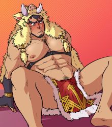 Rule 34 | 1boy, abs, alternate facial hair, animal hood, bara, bare pectorals, beard, between pectorals, blush, boar boy, boar hood, body fur, bootyelectric (chocotaurnsfw), brown hair, bulge, chest harness, facial hair, feet out of frame, goatee, gullinbursti (housamo), harness, highres, hood, large pectorals, long sideburns, male focus, male pubic hair, mature male, muscular, muscular male, navel, navel hair, nipples, nose blush, pectorals, pelvic curtain, pubic hair, short hair, sideburns, solo, spread legs, stomach, thick eyebrows, thick thighs, thighs, tokyo houkago summoners, tusks, underbust
