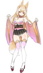 Rule 34 | 1girl, :p, absurdres, animal ear fluff, animal ears, arms up, bare shoulders, beads, blonde hair, blunt bangs, blush, breasts, breasts apart, cameltoe, choker, cleft of venus, collarbone, detached sleeves, fox ears, fox tail, full body, geta, gluteal fold, hair beads, hair between eyes, hair ornament, harigane shinshi, highres, japanese clothes, kimono, kimono skirt, lace, lace-trimmed skirt, lace trim, micro panties, microskirt, obi, original, panties, parted bangs, pink kimono, pleated skirt, sandals, sash, sidelocks, skirt, small breasts, solo, strapless, tabi, tail, thigh gap, thighhighs, tongue, tongue out, underwear, white panties, wide sleeves, yellow eyes