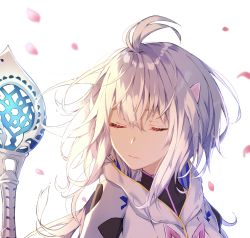 Rule 34 | 1girl, ahoge, closed eyes, eyelashes, fate/grand order, fate (series), grey hair, hair between eyes, highres, long hair, mage staff, merlin (fate/prototype), merlin (fate/prototype) (second ascension), petals, solo, upper body, white background, xhrp7772