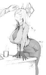 Rule 34 | 1girl, 1other, absurdres, animal ears, blue archive, blush, breasts, closed eyes, coffee mug, cup, gloves, highres, huge breasts, kanna (blue archive), monochrome, mug, necktie, office lady, pencil skirt, shisbaku, skirt, table, translation request