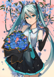 Rule 34 | 1girl, absurdres, aqua eyes, aqua hair, aqua necktie, black gloves, black skirt, bouquet, chinese commentary, ciloranko, closed mouth, commentary request, cowboy shot, elbow gloves, flower, gloves, gradient background, hair between eyes, hand up, hatsune miku, highres, long hair, looking at viewer, necktie, petals, pink background, skirt, smile, solo, standing, twintails, vocaloid, yellow background