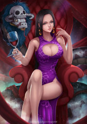 Rule 34 | 1girl, alcohol, amazon warrior, artist name, black hair, blue eyes, boa hancock, breasts, chair, cleavage, cleavage cutout, clothing cutout, crossed legs, cup, dress, drinking glass, earrings, facebook username, holding, holding cup, holding drinking glass, jewelry, large breasts, legs, long hair, long legs, looking at viewer, magion02, no bangs, no panties, one piece, salome (one piece), signature, sitting, skull, skull print, sleeveless, sleeveless dress, smile, snake, snake earrings, solo, solo focus, watermark, web address, wine, wine glass