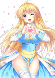 Rule 34 | 1girl, ;d, arch bishop (ragnarok online), blonde hair, blue dress, blush, breasts, cleavage, cleavage cutout, clothing cutout, commentary request, cowboy shot, cross, dress, fishnet thighhighs, fishnets, heart, heart hands, highres, large breasts, long hair, looking at viewer, masaya ichika, no panties, one eye closed, open mouth, petals, purple eyes, ragnarok online, sash, smile, solo, thighhighs, twitter username, white background, white dress, white thighhighs, yellow sash