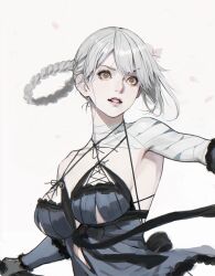 Rule 34 | 1girl, ass, bandaged arm, bandaged neck, bandages, black gloves, blue negligee, breasts, d.k, elbow gloves, falling petals, flower, gloves, hair rings, holding, holding weapon, kaine (nier), lace-up, large breasts, looking ahead, nier, nier (series), orange eyes, petals, single bare shoulder, solo, weapon, white background
