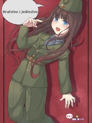 1girl blue_eyes brown_hair cowboy_shot highres kuroussa language_request long_hair looking_at_viewer military_uniform original personification red_background solo translation_request yugoslavia yugoslavia_(kuroussa)