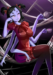 Rule 34 | 1girl, black hair, breasts, cleavage, colored skin, extra arms, extra eyes, fangs, highres, arthropod girl, leggings, muffet, purple skin, ribbon, silk, solo, spider girl, spider web, twintails, undertale