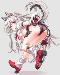 Rule 34 | 1girl, animal ears, ass, azur lane, blush, breasts, cameltoe, fang, fingerless gloves, from behind, gloves, highres, knck, leaning, leaning forward, long hair, looking at viewer, medium breasts, nail polish, open mouth, panties, red eyes, shiny skin, silver hair, smile, solo, tail, underwear, wolf ears, wolf tail, yuudachi (azur lane)