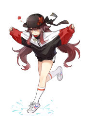 Rule 34 | 1girl, :p, absurdres, black hat, black nails, brown hair, casual, flat cap, flower, full body, genshin impact, hat, hat flower, highres, hu tao (genshin impact), jacket, legs, long sleeves, nail polish, outstretched arms, puddle, red eyes, shao (shaorouhong), shoes, shorts, simple background, socks, solo, spread arms, symbol-shaped pupils, tongue, tongue out, track jacket, twintails, white background, wide sleeves