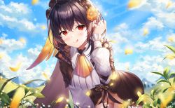 Rule 34 | 1girl, :q, absurdres, ascot, bent over, black hair, black skirt, blue sky, closed mouth, cloud, cloudy sky, collared shirt, cowboy shot, day, hand up, headdress, highres, honkai (series), honkai impact 3rd, leaf, falling leaves, long sleeves, looking at viewer, meadow, medium hair, mellozzo, miniskirt, mirrored, naughty face, outdoors, petals, puffy sleeves, red eyes, seele (alter ego), seele vollerei, shirt, skirt, sky, smile, solo, standing, sunlight, tongue, tongue out, white shirt