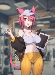 Rule 34 | 1girl, animal ears, baseball cap, black jacket, borrowed character, breasts, cleavage, commentary, english commentary, facial mark, fang, gym, hat, hellk111, highres, holding, holding stylus, holding tablet pc, jacket, jacket partially removed, kollie (kollerss), large breasts, medium hair, midriff, navel, orange pants, original, pants, pink eyes, pink hair, pink nails, smile, solo, sports bra, stylus, tablet pc, tail, under armour, white hat, white sports bra, yellow pants, yoga pants