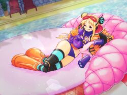 Rule 34 | 26 tgw, 2girls, bed, bikini bottoms, blonde hair, blush, boots, crop top, curvy, difference, giant woman, goggles, goggles on head, highres, jacket, light brown hair, multiple girls, one piece, resting, skin tight, thighs, vegapunk lilith, vegapunk york