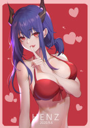Rule 34 | 1girl, :p, absurdres, arknights, arm between breasts, bare shoulders, bikini, blue hair, blush, breasts, ch&#039;en (arknights), dragon horns, finger to mouth, hair between eyes, heart, henz, highres, horns, index finger raised, large breasts, long hair, looking at viewer, red bikini, red eyes, shushing, sidelocks, solo, swimsuit, tongue, tongue out