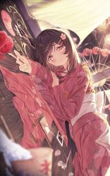 Rule 34 | 1girl, absurdres, blush, breasts, brown hair, building, candy apple, comb, cup, curtains, dutch angle, ferris wheel, fireworks, flower, food, grey eyes, hair flower, hair ornament, hairclip, hand fan, highres, holding, indoors, japanese clothes, kimono, long hair, looking at viewer, lying, night, night sky, obi, on floor, on side, original, outstretched arm, parted lips, phone, pink kimono, sash, shaved ice, sideways, sky, small breasts, solo, tearing up, tears, wide sleeves, window, wooden floor, yozora (1wkdgusdn)