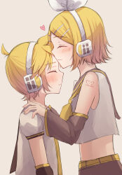 Rule 34 | 1boy, 1girl, absurdres, bishounen, blonde hair, blush, brother and sister, closed eyes, commentary request, detached sleeves, hair ornament, hairclip, headphones, headset, heart, highres, hisui ame, kagamine len, kagamine rin, kiss day, short hair, shoulder tattoo, siblings, simple background, tattoo, upper body, vocaloid