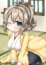 Rule 34 | 1girl, bent over, blue eyes, blush, breasts, commentary request, hatakaze (kancolle), kantai collection, long hair, looking at viewer, medium breasts, meiji schoolgirl uniform, one eye closed, ouno (nounai disintegration), parted lips, ponytail, seiza, silver hair, sitting, solo, tatami, window