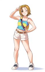 Rule 34 | 1girl, ;d, armpits, bare shoulders, blue camisole, bob cut, breasts, brown eyes, brown hair, brown shorts, camisole, casual, collarbone, commentary, crop top, english commentary, full body, grin, hair slicked back, hairband, hand on own hip, highres, k-on!, light brown hair, midriff, navel, one eye closed, open mouth, salute, shadow, shoes, short hair, short shorts, shorts, simple background, single horizontal stripe, small breasts, smile, sneakers, solace, solo, spread legs, standing, tainaka ritsu, textless version, w, white background, white footwear, white shorts, yellow bag, yellow camisole, yellow hairband
