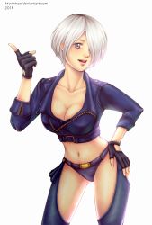 Rule 34 | 1girl, angel (kof), black bra, black panties, blue eyes, bob cut, bra, breasts, buckle, chaps, cleavage, collarbone, commentary, cropped jacket, fingerless gloves, gloves, hair over one eye, hand on own hip, jacket, ktovhinao, leather, leather jacket, midriff, navel, open mouth, panties, parted bangs, pointing, short hair, snk, solo, stomach, the king of fighters, the king of fighters xiv, thighs, underwear, white background, white hair, zipper
