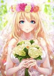Rule 34 | 1girl, artist name, atago (kancolle), blonde hair, blue eyes, blush, bouquet, breasts, bridal gauntlets, bridal veil, bride, closed mouth, collarbone, dress, earrings, fingernails, floral background, flower, hair flower, hair ornament, highres, holding, holding bouquet, jewelry, kantai collection, large breasts, long hair, looking at viewer, necklace, pearl necklace, sakiyamama, smile, solo, strapless, strapless dress, upper body, veil, very long hair, wedding dress, white dress