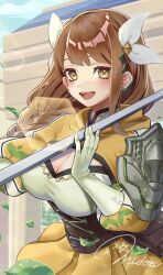 Rule 34 | 1girl, armor, black corset, braid, braided ponytail, breasts, brown hair, cleavage, corset, diamond cutout, dress, fire emblem, fire emblem engage, gloves, goldmary (fire emblem), hair ribbon, highres, holding, holding weapon, large breasts, low ponytail, mole, mole on breast, nintendo, ribbon, sakiyomi no nana, shoulder armor, single shoulder pad, skirt, solo, weapon, white ribbon, yellow dress, yellow eyes, yellow gloves, yellow skirt