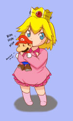 Rule 34 | 1girl, age regression, aged down, blonde hair, blue eyes, cameo, character doll, chewing, crown, doll, mario, mario (series), nintendo, princess peach, simple background, socks, solo, tusia