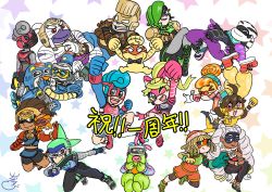 Rule 34 | 2018, 6+boys, 6+girls, arms (game), barq, beanie, biff (arms), blonde hair, brown hair, byte (arms), dna man (arms), domino mask, dr. coyle, everyone, hat, highres, kid cobra, lola pop, mask, master mummy (arms), max brass, mechanica (arms), min min (arms), misango, multiple boys, multiple girls, mummy, ninjara (arms), nintendo, ribbon girl (arms), robot, smile, spring man (arms), springtron, star (symbol), starry background, twintelle (arms), white background