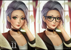 Rule 34 | 1girl, arm up, artist name, bad id, bad pixiv id, black-framed eyewear, black neckwear, character name, choker, collarbone, copyright name, facebook username, glasses, green eyes, grey hair, hand on own face, indoors, jewelry, lips, looking at viewer, magion02, ms.assistant, no bangs, nose, original, patreon username, pendant, short hair, smile, solo, upper body, watermark, web address, window