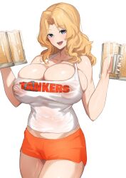 Rule 34 | 1girl, aji (sakanaaj1), alcohol, bare arms, bare shoulders, beer, beer mug, blonde hair, blue eyes, breasts, bursting breasts, cleavage, collarbone, covered erect nipples, covered navel, cup, employee uniform, girls und panzer, hair intakes, holding, holding cup, hooters, huge breasts, kay (girls und panzer), long hair, looking at viewer, mug, open mouth, orange shorts, print tank top, short shorts, shorts, skindentation, smile, solo, sweat, tank top, thighs, uniform, white background, white tank top
