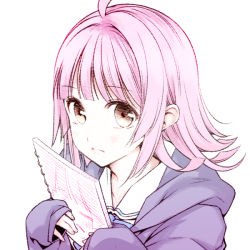 Rule 34 | 1girl, ahoge, blunt bangs, brown eyes, chado, closed mouth, commentary, holding, holding notebook, jacket, long sleeves, looking at viewer, love live!, love live! nijigasaki high school idol club, notebook, pink hair, purple jacket, short hair, solo, symbol-only commentary, tennoji rina, upper body