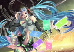 Rule 34 | 1girl, aqua hair, belt, blue eyes, breasts, bridal gauntlets, elbow gloves, female focus, fingerless gloves, gloves, hatsune miku, hatsune miku (append), highres, long hair, navel, necktie, nyoro ri, smile, solo, thighhighs, twintails, very long hair, vocaloid, vocaloid append, zettai ryouiki