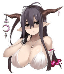 Rule 34 | 10s, 1girl, antenna hair, bandages, blush, breasts, danua, draph, fingerless gloves, gloves, granblue fantasy, hair between eyes, horn ornament, horns, huge breasts, jewelry, long hair, moru (monaka), necklace, pointy ears, red eyes, shaded face, simple background, solo, upper body, white background